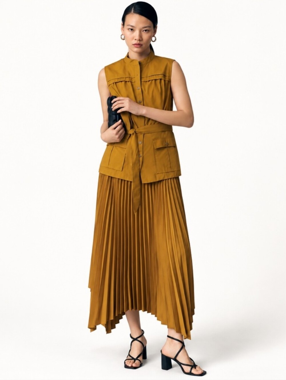 BY ANTHROPOLOGIE SLEEVELESS VESTED PLEATED MIDI DRESS